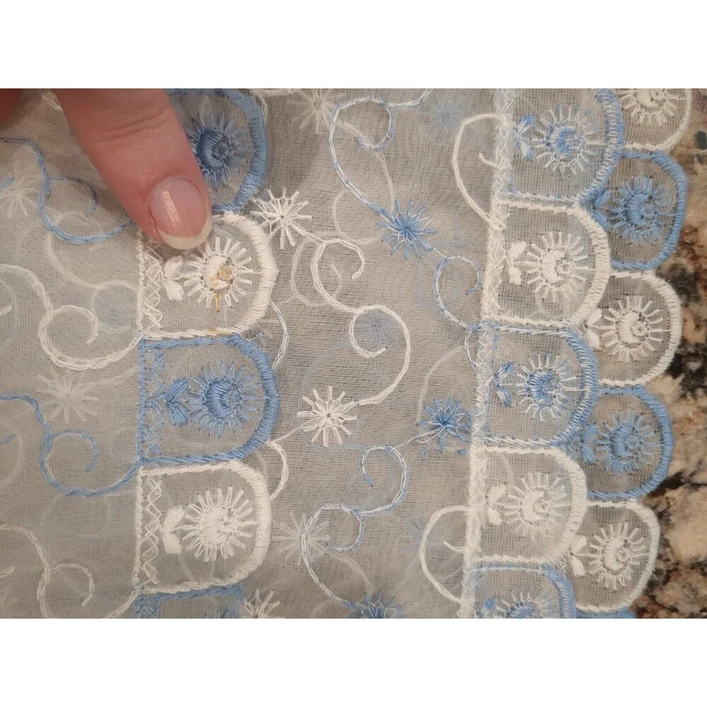 Vintage 3 Pc Dresser Scarf Set with Floral Embroidery Scroll Blue White Sheer